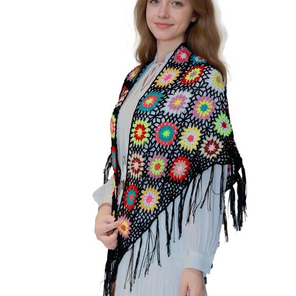 Crochet Tassel Poncho Cape Women Handcrafted Fringed Wrap Boho Style - Picture 2 of 8